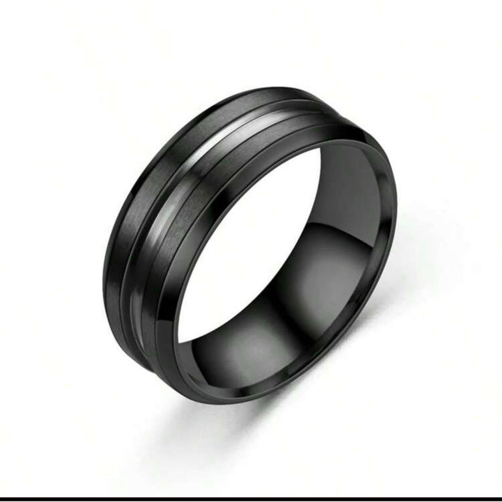 Mens Black Brushed Stainless Steel Wedding Band Ring with‎ Silver Groove Accent